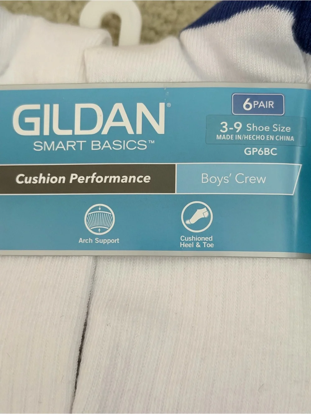 Gildan Boys' Crew Cushion Performance Socks - White with Blue Accents